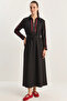 Women's Zippered Flowy Long Black Dress with Belt - 5