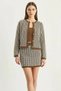 Women's Crew Neck Gold Button Detailed Houndstooth Patterned Brown Beige Suit with Mini Skirt - 7