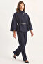 Women's Gold Button Detailed Belted Poncho Navy Blue - 3