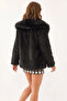 Women's Collared Lined Fur Jacket Black - 3