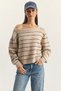 Women's Bardot Collar Striped Knitwear Oversize Beige Navy Blue Sweater - 5
