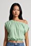 Women's Gathered Boat Neck Mint Asymmetrical Stylish Blouse - 2