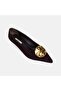 Women's Black Suede Low Heel Shoes with Gold Accessories - 7