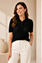 Women's Black Polo Neck Short Sleeve Buttoned Openwork Knitwear Blouse 23070 - 2
