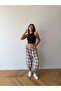 Women's Milk Coffee Color Lace-Up Plaid Patterned Premium Shalwar Trousers Frv0221-1 - 3