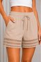 Women's Beige Lace Lace-Up Cotton Linen Bohemian Shorts with Elastic Waist