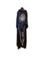 Women's Black Self-Jacquard Belted Long Kimono Dress Floral Printed Trouser Set - 3