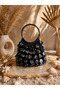 Handmade Design Mango Sequin Black Color Evening Dress Bag Women's Hand Bag - Metallic Sequined Mini Hand Bag with Gold Ring Handle