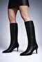 Women's Black Thin Heeled Leather Boots Wf160005Dv - 2