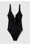 Women's Black Back Detailed V-Neck Swimsuit - 2