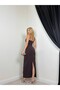 Women's Brown Strappy Square Neck Stone Detailed Slit Long Pencil Dress - 4