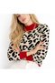 Women's Knitwear Sweater with Leopard Print and Red Collar Detail - 5
