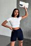 High-Waisted Crepe Stretchy Striped Shorts That Offer Both Elegance and Chicness in One Package Navy Blue () - 2