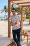 Off-White with Blue Patterned Linen Summer Casual Short-Sleeve Notched Collar Relaxed Fit T-Shirt Shirt - 4