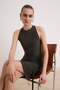 Khaki Plain Bodycon Degaje Collar Sleeveless Accessory Detail Midi Stretchy Knitted Dress Twoss26El00363 - 2