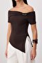 Kahverengi Düz Fitted/Vücuda Oturan Carmen Yaka Örme Bluz TWOSS26BZ00888 - 3