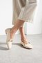 Daily Women's Beige Ballerina Shoes with Straps and Gold Buckle, Silent, Lightweight, Soft Sole and Comfortable Shoes 479 - 3