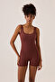 X Ece Burgundy Square Neck Strap Short Sports Jumpsuit Unitard