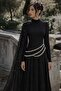 Exclusive Hijab Evening Dress with Cape and Pearl Detailing in Crepe-Chiffon Combination Black 1080 - 3