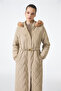 Fur Detailed Hooded Long Inflatable Beige Coat 12765 - 4