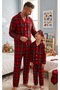 Cotton Suede Fabric Red Plaid Patterned Sleepband Shirt Collar Buttoned Pajama Set Suitable for Boy and Father