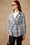 Plaid Patterned Unlined Short Trench Coat Dark Blue 6848 - 4