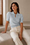 Women's Blue Polo Collar Buttoned Short Sleeve Viscose Cotton Knitwear Blouse - 3