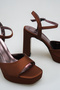 Brown Satin Platform Heeled Sandals Ankle Strap Thick Heeled Comfortable Stylish Women's Shoes - 3