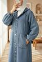 Buttoned Front Hooded Denim Cap with Epaulet Detail and Pockets - Ice Blue