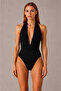 Halter Neck Deep V-Neck Women's Bodysuit Stretchy Fabric Backless Bodysuit - 2