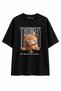 Women's Oversize 100% Cotton T-Shirt Basic Comfortable Fit Cat Printed T-Shirt - Black - 2