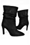 R404020302 Black Suede Thin Heeled Gathered Women's Boots - 5