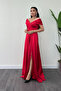 Satin Fabric Boat Neck Evening Dress - Red - 2