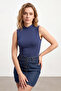 Women's Stand Collar Navy Blue Sleeveless Blouse