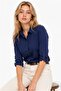 Women's Linen Navy Blue Sleeve Fold Button Collar Long Sleeve Shirt - 2