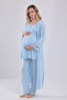 New Season Blue Special Lace Design Strap 100% Cotton Maternity Pajama Set with 3 Pieces