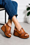 Genuine Leather Wedge Heel Elastic Women's Tan Sandals