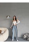 Light Blue Leopard Patterned High Waist Wide Leg Jeans with Side Stripes - 5