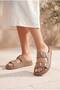 Women's Suede Lightly Padded Sole Stone Detailed Orthopedic Anatomical Sole Slippers-Mink - 2