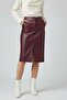 Burgundy Lina Midi Genuine Leather Women's Skirt with Slit Detail - 4