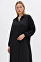 Buttoned Shirt Collar Wrinkled Knitted Dress - 3