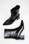 Black Matte Patent Leather Women's Heeled Boots Pointed Toe 6 cm Thick Heel Side Zipper