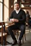 Men's Black Anti-Pilling Standard Fit Regular Cut V-Neck Knit Sweater - 4