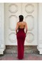 Crepe Stretch Fabric Turtleneck Evening Dress with Stone and Pearl Detail 583330 Bordo - 2
