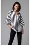 Women's Black and White Block Striped Balloon Sleeve Cotton Fabric Design Blouse Yy101404 - 2