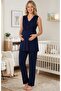 Women's Navy Blue Lace Special Design Maternity Pajama Set - 5