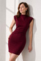 Women's Burgundy Crepe Fabric High Collar Detailed Padded Mini Evening Dress 77159 - 5