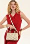 Women's Beige Monogram Patterned Shoulder Bag with Adjustable Strap