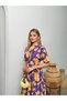 Women's Purple Floral Patterned Waist-Slit Dress with Back Detail - 3