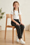 Girl's Black Floral Patterned Wide-Leg Pants with Elastic Waist and Comfortable Cut - 4